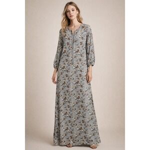 Natural Life Maxi Dress Floral Print Beige Brown Yellow Long Sleeve XL